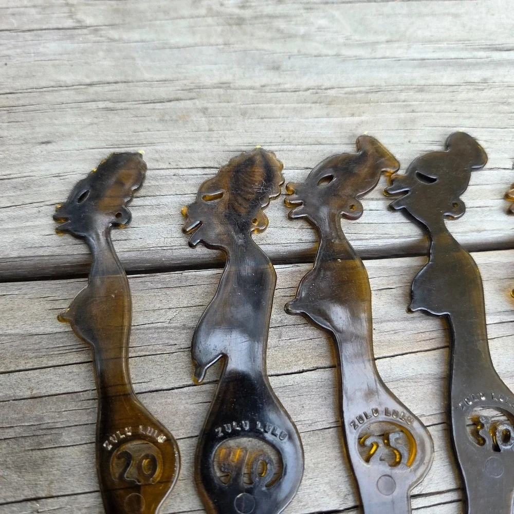 SET OF ALL 6 CELLULOID ZULU LULU MID CENTURY MODERN DRINK STIR STICKS OR SWIZEL